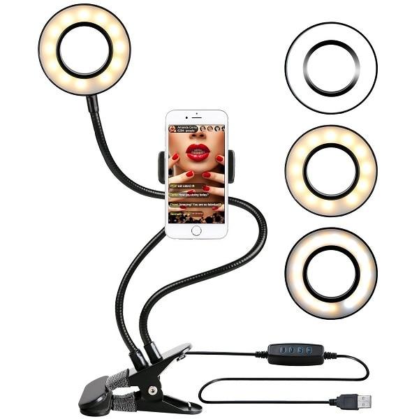 Photographic Lighting - Selfie Ring Light With Dual Flexible Arms And Clip-on Base